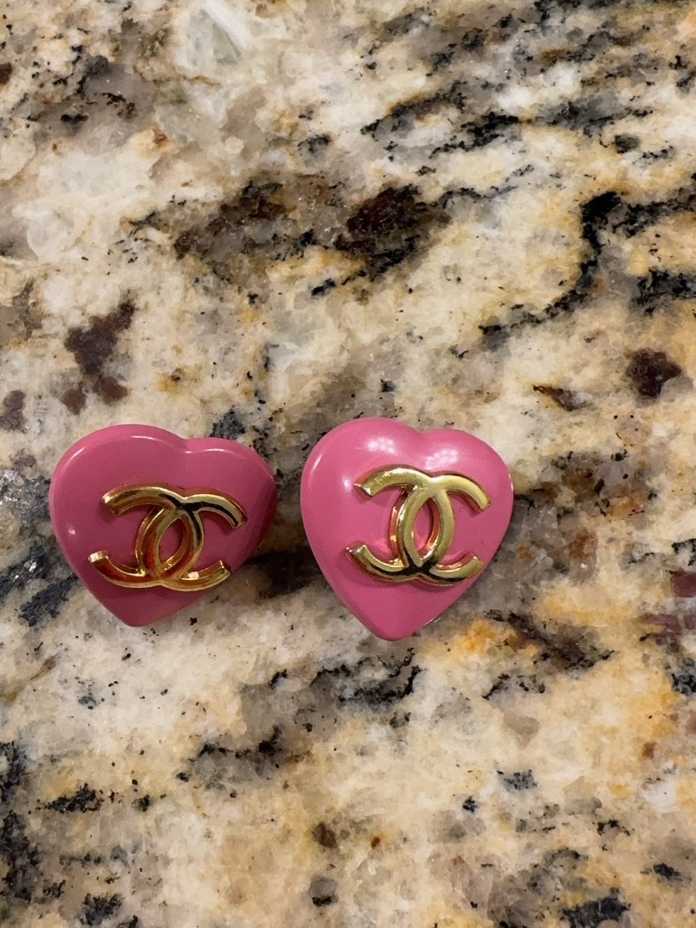 CHANEL Pink Heart Stud Earrings with Gold CC Emblem